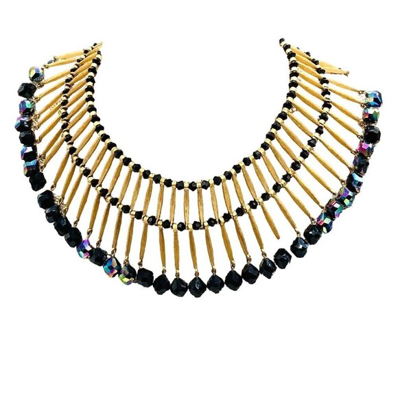 Trifari Womens Necklace Gold Tone Metal Glass Beads Vintage Egyptian Revival